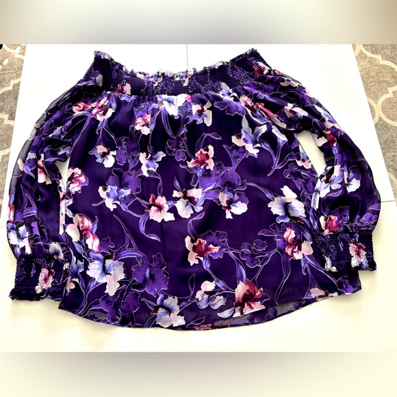 White House Black Market Purple Floral Peasant Blouse Size M - Picture 2 of 7